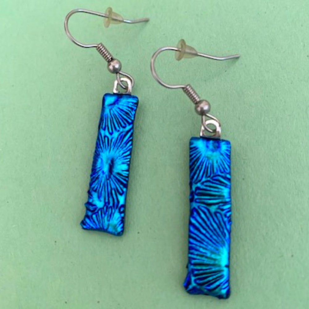 Detailed blue iridescent long dangling drop earrings